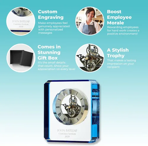 Miniatura 3 de Baudville Trofeo de reloj grabado, cristal transparente con acento azul, pieza de tiempo de inserción de plata, tres líneas personalizadas