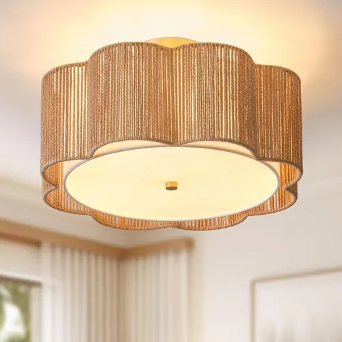 Lámpara de Techo Empotrada de Ratán de 17.7", Luminaria de Techo Boho de 3 Luces Cerca del Techo, Lámpara de Techo de Ratán para Dormitorio, Amarillo