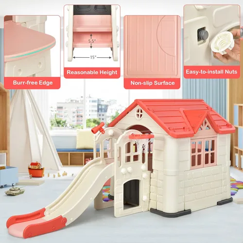 Miniatura 4 de Costzon Juego de casa de juegos y tobogán para niños, casa de juegos 7 en 1 al aire libre con puertas y ventanas de trabajo, mesa de picnic, juego