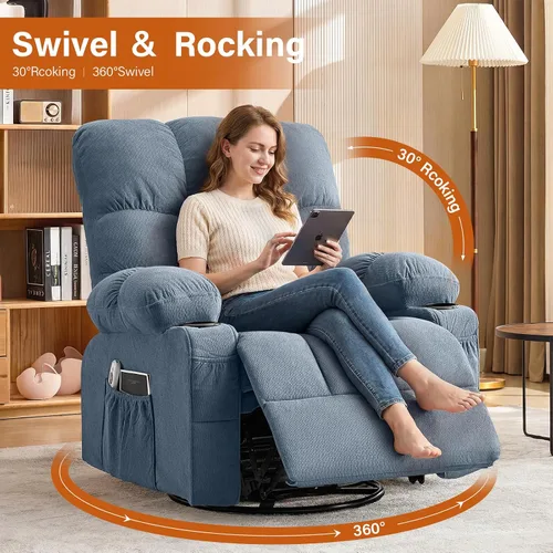 Miniatura 6 de Silla reclinable giratoria para adultos, reclinable de gran tamaño con masaje por vibración y calor lumbar, mecedora ergonómica con bolsillo
