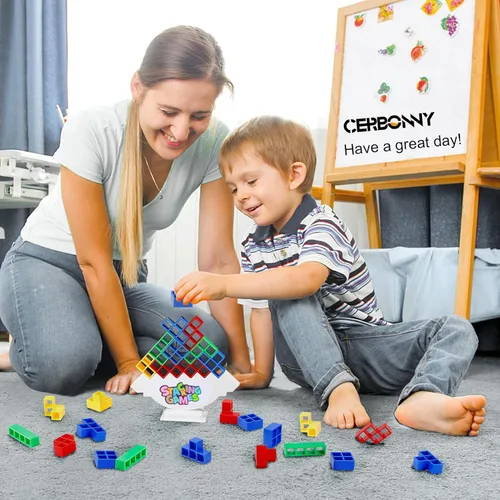 Miniatura 3 de CERBONNY Juego de 48 bloques apilables de torre Tetra, juegos de mesa para familias, fiestas, viajes y construcción de equipos, adecuado para 1-4