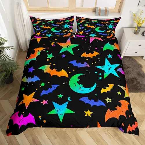 Miniatura 24 de Erosebridal Juego de ropa de cama de murciélago de Halloween, tamaño individual, con purpurina y estrellas, galaxia, funda de edredón para niños