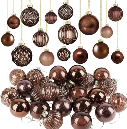Liliful 24 adornos de bolas de Navidad de vidrio de color bronce, decoración de árbol de Navidad, bolas colgantes, adornos neutros vintage de