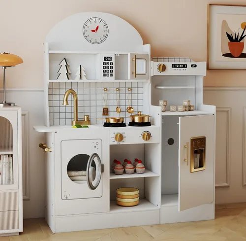 JOYDIAS - Juego de cocina para niños, juego de cocina de madera con sonido y luz, horno, lavadora, estación de café de juguete y accesorios de
