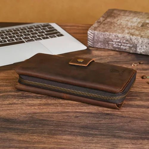 Miniatura 49 de Genuino Caballo Loco Cuero Regalo de Viaje Moneda Bolsillo Tarjetero Organizador Largo Cadena Rfid Cartera Monedero Con Broche Para Hombres Hombres