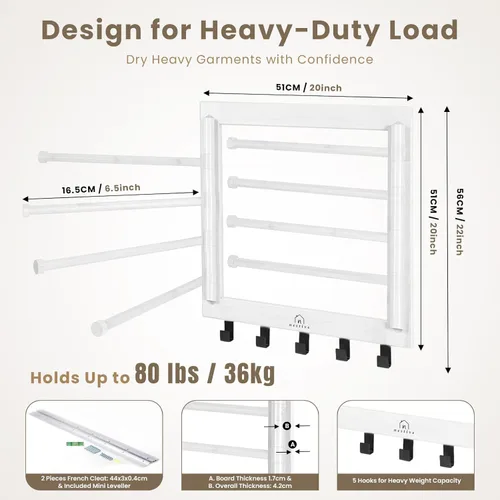 Miniatura 6 de Estante de secado de bambú para montaje en pared para lavandería, secadora de ropa plegable con 8 brazos y 5 ganchos, ahorro de espacio, 20 Natural