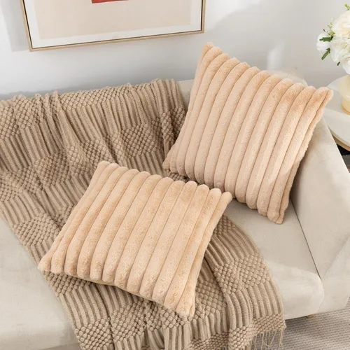 Miniatura 5 de ZLINA Juego de 2 fundas de almohada decorativas de piel sintética color albaricoque, fundas de cojín esponjosas a rayas, 16 x 16 pulgadas