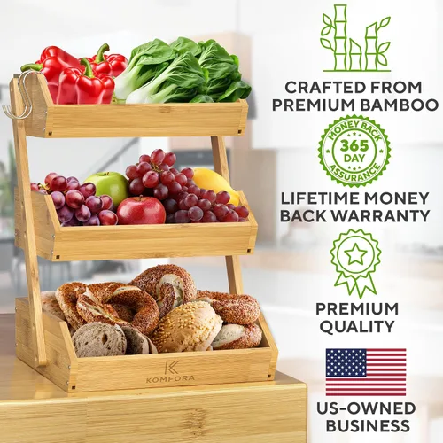 Miniatura 6 de KOMFORA Cesta de frutas de bambú de 3 niveles – Cesta de productos premium para cocina con 2 ganchos – Soporte duradero y fácil de montar