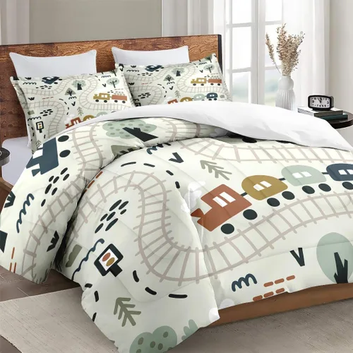Miniatura 4 de Juego de edredón con funda de almohada tamaño individual, diseño de coche de dibujos animados, tren, mapa de carretera, decoración de cama linda
