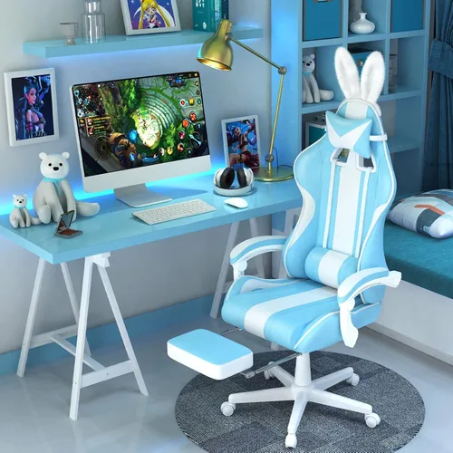 Miniatura 2 de Ferghana - Silla de juego Kawaii en azul claro con orejas de conejo, silla Gamer ergonómica y linda con reposapiés y masaje, silla de juego