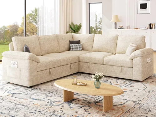 Miniatura 2 de Sofá Seccional Modular de 85 Pulgadas con Cama Extraíble, Sofá Cama Seccional en Forma de L de 5 Asientos con Almacenamiento, Sofás Seccionales