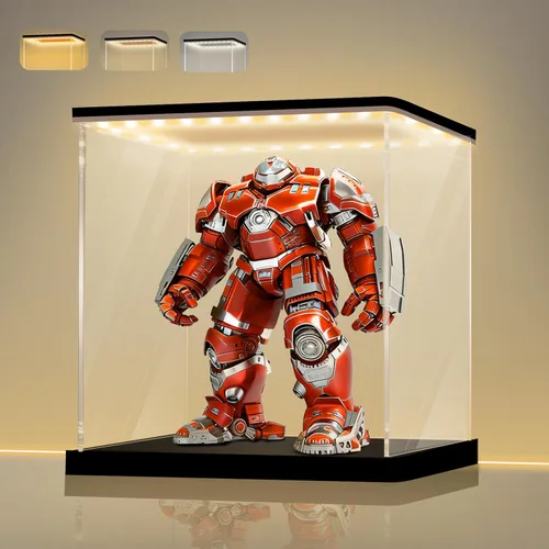 LANSCOERY Vitrina de acrílico con luz LED ajustable amarilla/blanca/cálida, caja transparente de protección UV, vitrina a prueba de polvo para