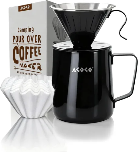 Miniatura 12 de AGOGO Cafetera portátil de goteo V60 - Juego fácil de limpieza compacto gotero de acero inoxidable 304 para acampar y 50 filtros de papel y paño