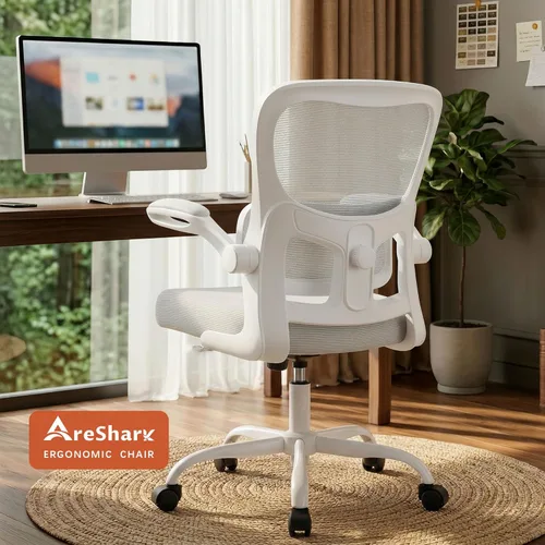 Miniatura 10 de AreShark Silla de oficina ergonómicas con soporte lumbar ajustable, silla de malla transpirable con respaldo alto con ruedas y reposabrazos Blanco