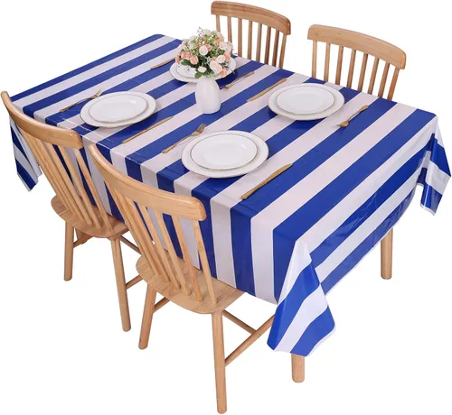 Miniatura 5 de Kesfey - Paquete de 3 manteles de plástico desechables, 54 x 108 pulgadas, diseño horizontal a rayas azul y blanco, náutico, impermeable, Rayas