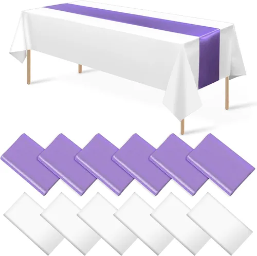Miniatura 8 de Juego de 12 manteles de satén de 12 x 108 pulgadas y manteles de plástico de 54 x 108 pulgadas, manteles rectangulares desechables en negro y azul