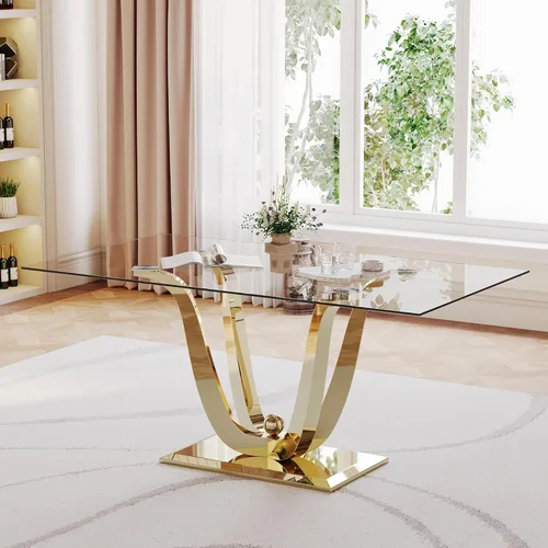 Miniatura 15 de Mesa de comedor de cristal de 51 pulgadas, mesa de comedor para 4-6, mesa de cocina dorada con patas de metal superior de vidrio templado