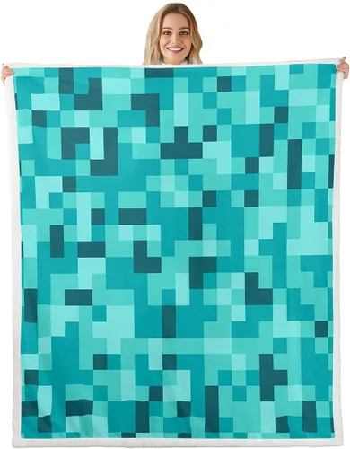 Miniatura 25 de Manfei Miner Style Grid Throw Blanket Green Pixel Shade Plaid Fleece Blanket Modern Geometric Games Cozy Throws for Bed Couch Sofa,Kids Boys Girls