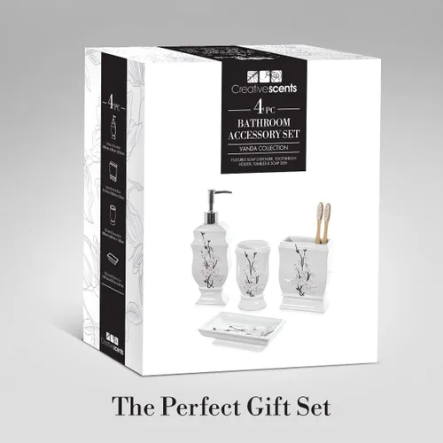 Miniatura 5 de Creative Scents Vanda - Juego de accesorios de baño blanco con flor de cerezo, juego de 4 dispensadores de jabón de baño floral incluye: dispensador
