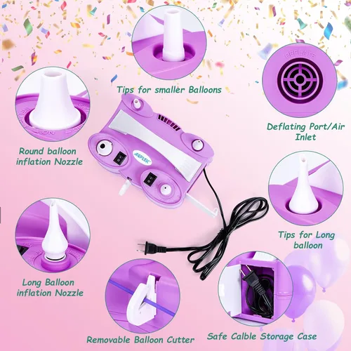 Miniatura 4 de AGPTEK Electric Air Balloon Pump, 110V 600W Rose Red Portable Dual Nozzle Inflator/Blower for Party Decoration