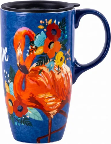 Miniatura 17 de Taza de café de cerámica de 17 onzas con tapa y caja de regalo, taza de té de porcelana floral abstracta moderna, apta para microondas y Colorido