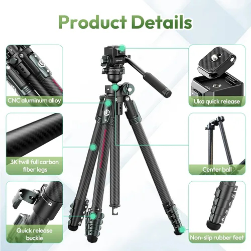 Miniatura 6 de ULANZI JJ06 GlideGo - Trípode de video de fibra de carbono, doble cabezal panorámico de 360°, altura máxima de 73.6 pulgadas, carga de 11 libras