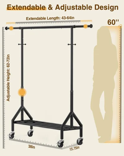 Miniatura 5 de Perchero de ropa resistente con carga de 520 libras, perchero ajustable con ruedas resistentes, percheros industriales de metal para colgar ropa