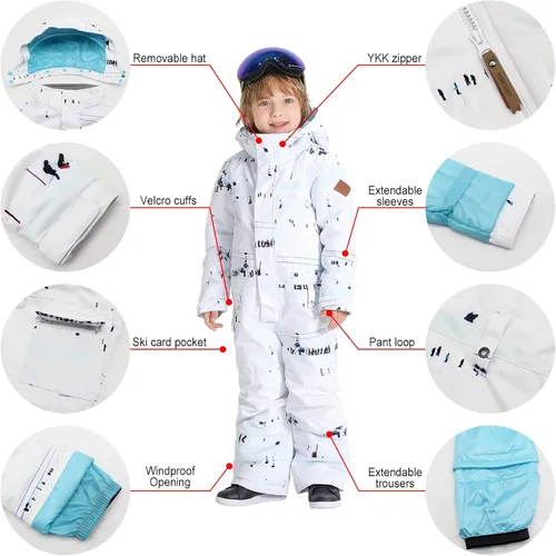 Miniatura 5 de Chaqueta de esquí para niños, trajes de esquí para niños y niñas, resistente al viento, cálido, ropa de esquí de una pieza, traje de nieve para niños