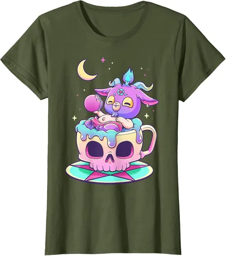 Miniatura 100 de Kawaii Pastel Goth Cute espeluznante Pentáculo Baphomet - Camiseta de cabra, Negro