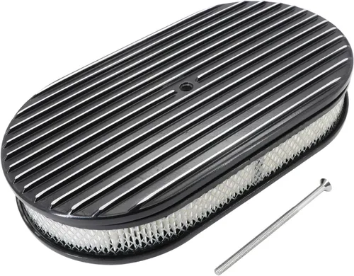 Miniatura 9 de Conjunto universal de filtro de aire ovalado de aluminio pulido de 12 pulgadas, color negro, totalmente aletado, se adapta a carburadores de cuello