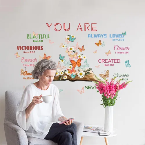 Miniatura 4 de SUPERDANT Calcomanías de pared con texto bíblico, diseño de mariposas, libro de mariposas, calcomanías de pared con texto en inglés "You are