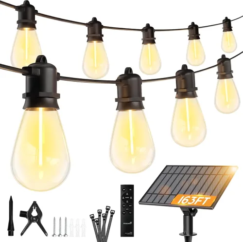 Miniatura 14 de Minetom Tira de luces solares de 34 pies para exteriores con control remoto, luces de patio con 10 bombillas LED inastillables y ganchos, enchufe