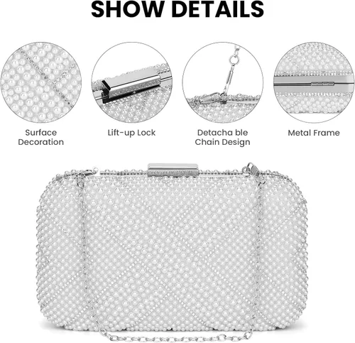 Miniatura 3 de UBORSE Bolsos de noche de perlas artificiales para mujer, elegante bolso formal con cadena para fiestas de boda