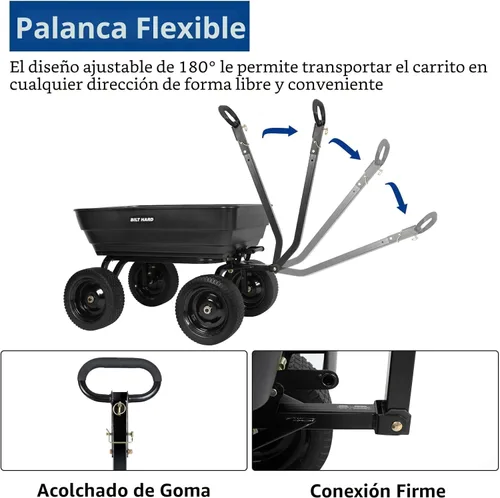 Miniatura 6 de BILT HARD Carro de volquete de jardín de polietileno de 7 pies cúbicos, 1200 libras sin neumáticos planos, liberación rápida, mango convertible 2