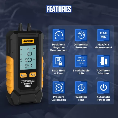 Miniatura 2 de AUTOOL Probador de Presión de Gas Manómetro, Manómetro Digital HVAC, Medidor de Presión de 6 Unidades Diferencial de Doble Puerto -101 a 200Kpa