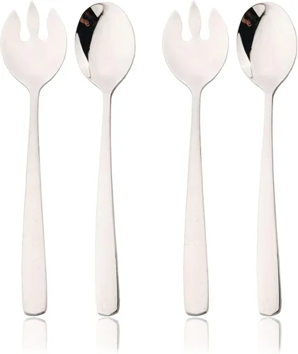 JASHII Juego de 4 cucharas de ensalada y tenedores de ensalada, juego de 4 utensilios de acero inoxidable 304 para servir, diseño moderno, espejo,