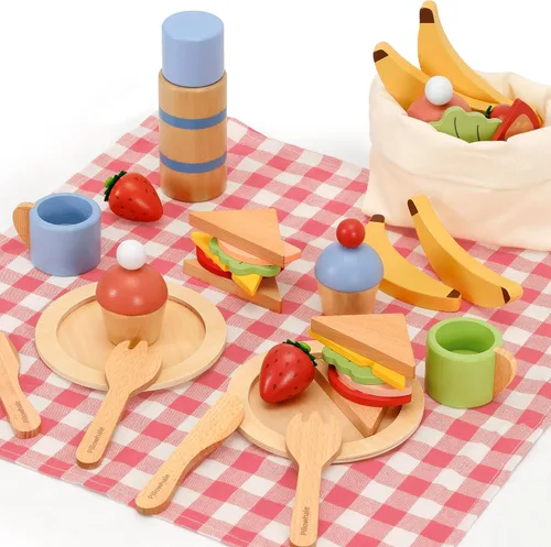 Miniatura 8 de Pillowhale Juego de Comida de Picnic de Madera – Juego de Cocina de Juguete para Niños de 21 PIEZAS con Manta, Frutas para Cortar y Configuraciones