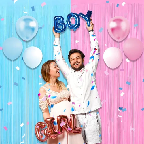 Miniatura 3 de Paquete de 2 cortinas de oropel rosa pastel y azul (3.2 x 8.2 pies), cortina de flecos metálicos con purpurina para bodas, cumpleaños, baby shower