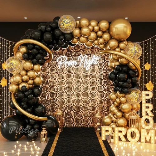 Miniatura 6 de Kit de arco de globos negros y dorados, 114 piezas de oro negro con confeti y globos largos para decoraciones de graduación 2026, cumpleaños