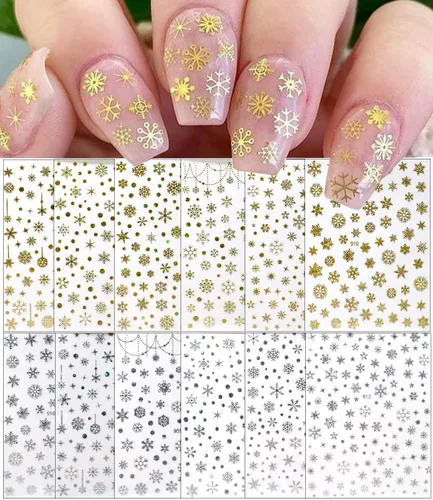 Miniatura 7 de 12 hojas de calcomanías de arte de uñas de copo de nieve de Navidad, suministros de uñas doradas, calcomanías de uñas de copo de nieve, copos