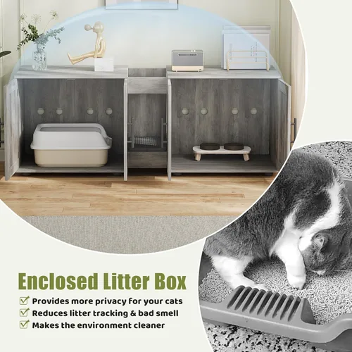 Miniatura 5 de GAOMON Caja de arena con doble jaula, casa para gatos, caja de arena oculta para 2 gatos, muebles de madera cerrada para gatos, 55 pulgadas de largo