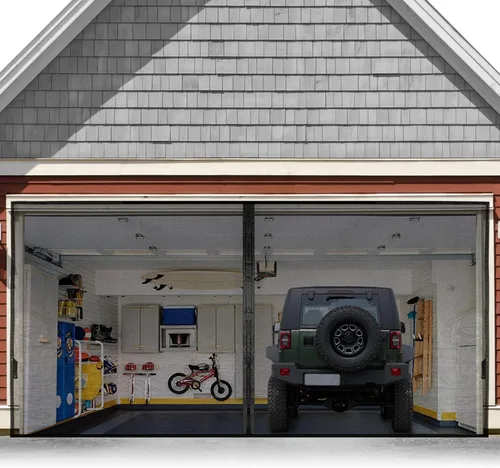 Miniatura 19 de FEGO Pantalla de puerta de garaje gris para 1 automóvil de 8 x 7 pies, puertas magnéticas con malla de fibra de vidrio retráctil y parte inferior