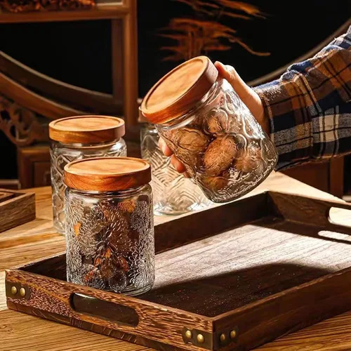 Miniatura 7 de Tarro de vidrio vintage para cocina, almacenamiento de vidrio para cocina y despensa, con tapa de madera hermética para galletas, dulces, granos