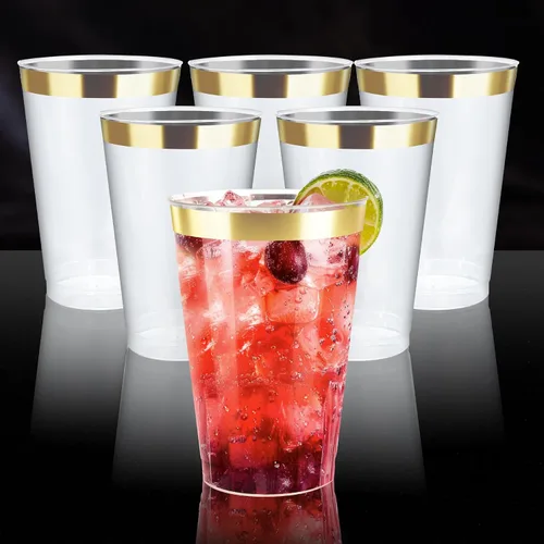 Miniatura 2 de Byvivace Vasos de plástico transparente de 12 onzas con borde dorado, resistentes y aptos para alimentos, desechables, copas de vino, copas de boda