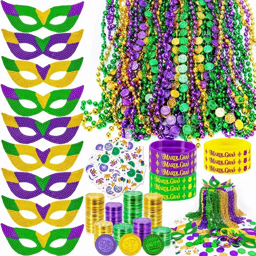 MGparty 216 piezas de accesorios de Mardi Gras, máscaras, cuentas, collares, monedas, tatuajes, pulseras, carnaval, desfile de máscaras, suministros