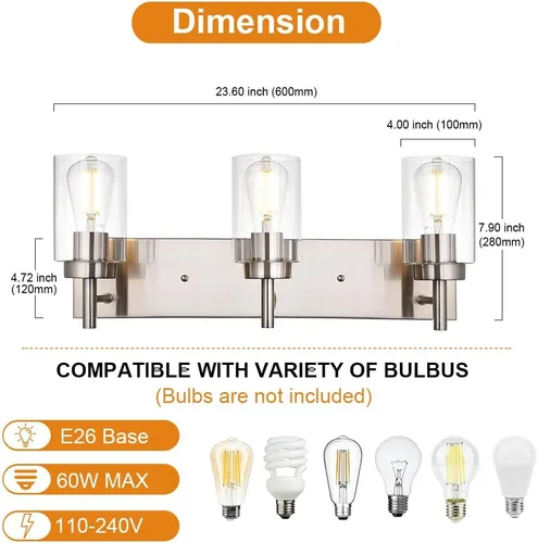 Miniatura 4 de Lámpara de tocador para baño, níquel cepillado, 3 luces, moderna lámpara de pared con pantalla de vidrio transparente, lámpara de pared rústica