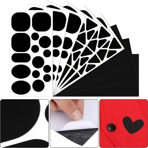 Miniatura 6 de 9 hojas de 96 piezas de parches de reparación de nailon, parches autoadhesivos, diferentes tamaños y formas, ropa impermeable, ligera, parche