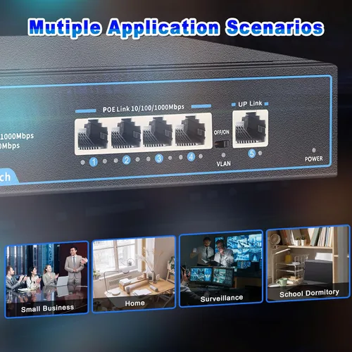 Miniatura 6 de Switch PoE Gigabit 4 puertos con 1 puerto 1000 Mbps Uplink, TEROW, 65W, alimentación incorporada, cumple con la actualización 802.3af/at Vlan