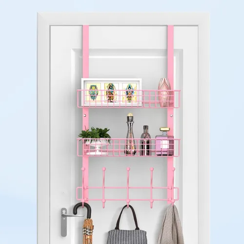 Miniatura 6 de Perchero, colgador sobre la puerta con cesta de malla, estante de almacenamiento desmontable para toallas, sombreros, bolsos, abrigos (rosa-2 cestas)