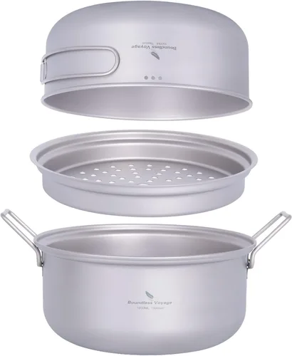 iBasingo Juego de olla de vapor de titanio de 1.8 L y sartén para freír olla ultraligera portátil para acampar al aire libre mochilero cocina hogar